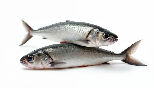 Two fresh hilsha fish lie stacked on a clean white surface. Their silver scales gleam, ready for preparation. These raw, uncooked aquatic animals offer a healthy, protein-rich meal.