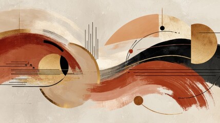 brushstrokes in color palette of matte black, soft beige, warm terracotta, and gold foil accents.