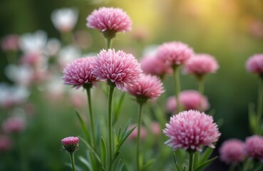 Fototapeta premium Close-up of pink armeria blooms in garden setting. Soft sun highlights delicate petals and green stems. Blur background with more flowers and foliage.