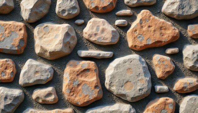 Close up of rustic stone wall built with varied rocks and cement. Natural earth tones create a textured background for construction or landscape projects. Timeless, sturdy, organic building material.