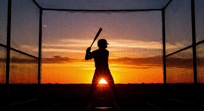 Baseball player silhouette at sunset in batting cage