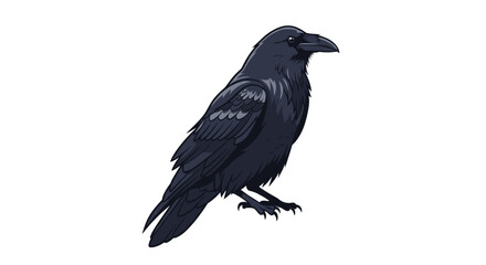 Fototapeta premium Detailed illustration of a black raven or crow standing, created in a realistic cartoon or comic book style on a white background.
