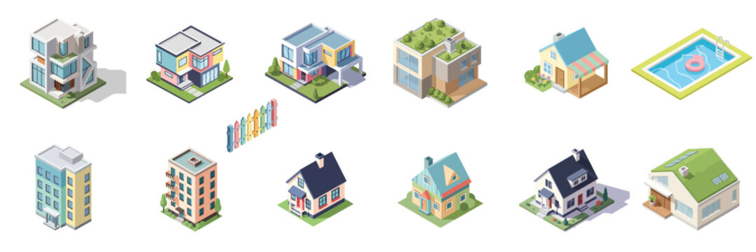 Isometric vector illustration set of diverse residential buildings. Features modern houses, apartments, and eco-homes with gardens, pools, and greenhouses. Clean geometric shapes, soft pastel palette