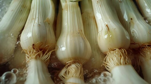 Closeup of white garlic bulbs soaking in water for cleaning.
