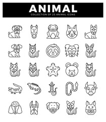 Fototapeta premium Outline icons of 25 animals on white background