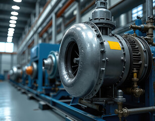 Obraz premium Industrial air compressor part in factory setting. Heavy machinery operates for air compression. Industrial equipment used for air pressure systems.