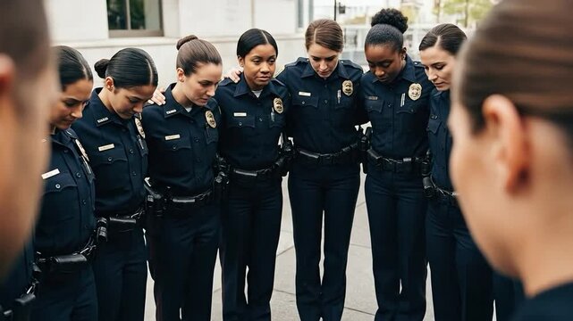Diverse group of young adult female police officers in uniform standing together in a circle with heads bowed for a moment of silence or prayer during a memorial service outdoors.