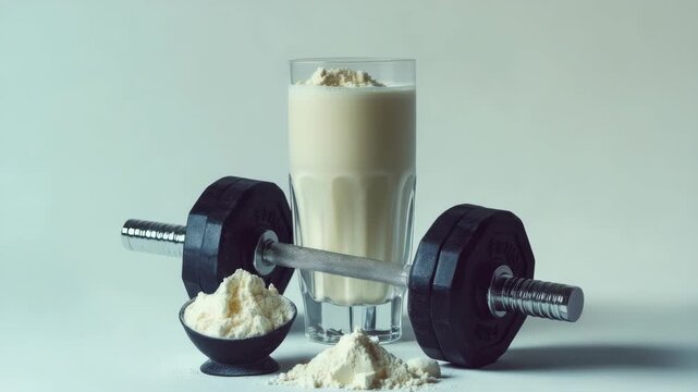A glass of smoothie filled with powder next to weightlifting plates.