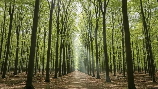A straight path leads through a dense forest with tall trees and green leaves creating a natural tunnel.