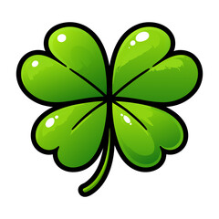 Glossy Four Leaf Clover Vector Illustration, Lucky Irish Shamrock Symbol, St. Patrick&rsquo;s Day Green Leaf Icon, Bold Outline Cartoon Botanical Design