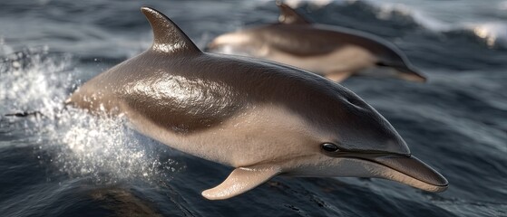 Obraz premium Dolphins swim and play in blue waters of the Red Sea during a sunny day in a photorealistic scene of nature and wildlife