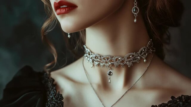 Vintage-inspired fashion portrait of a woman wearing an intricate necklace against a dark backdrop. She is captured from the chest up in a close-up shot, showcasing her collarbone and elegant attire.