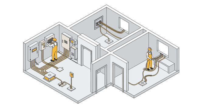 Isometric vector illustration of electricians wiring a house. Includes electrical panels, junction boxes, and workers in overalls. Ideal for construction, renovation, or electrical service ads.