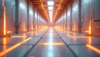 Fototapeta premium Futuristic corridor with orange neon lights. Sci-fi interior with glowing lines and geometric panels. Clean, modern design evokes advanced technology and digital networks.