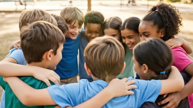 A diverse group of happy multiethnic children, boys and girls aged 8 to 12, huddling together in a circle with arms around each other, laughing and smiling outdoors in a sunny park.