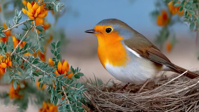 A vibrant bird with orange breast perches on nest amidst green foliage and orange blossoms