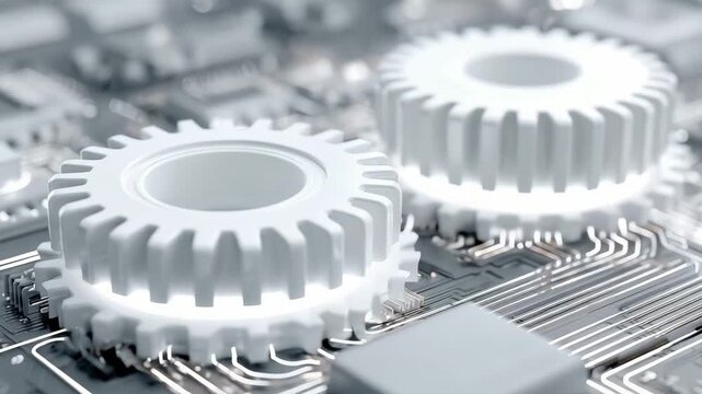 Two white gears rotate on a circuit board with illuminated lines showcasing modern technology and design
