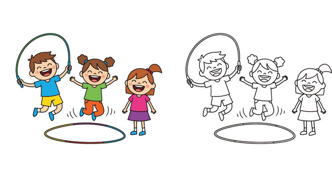 Cute children playing jump rope and hula hoop with coloring book page outline vector illustration for kids education and activity