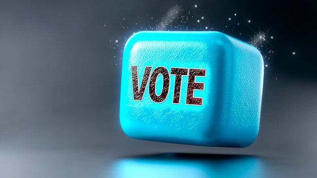 Blue 3D cube with the word "VOTE" in sparkling letters, rotating in a dynamic motion against a soft gray background, emphasizing the importance of civic engagement and participation in elections