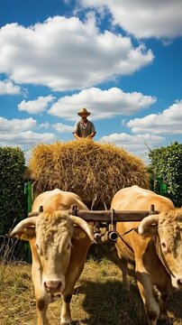 A middle-aged male farmer sitting on a large pile of hay on a wooden cart pulled by two oxen through a green gate in a sunny rural field under a blue sky with clouds.