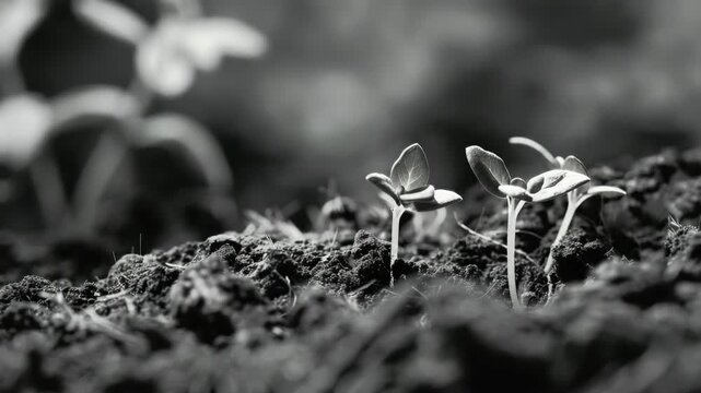Three small plants are growing in the dirt. They are very small and are barely visible