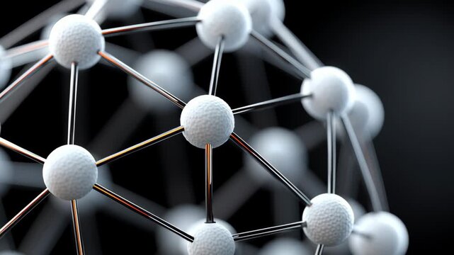 3D molecular structure with white spheres and metallic rods interconnected, showcasing intricate details of atomic connections against a dark background in a scientific visualization