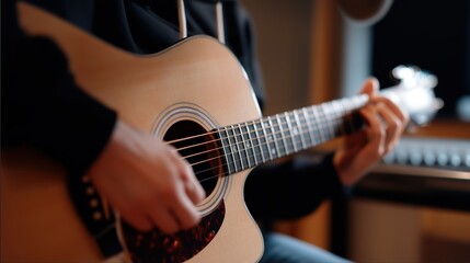 Obraz premium Man playing acoustic guitar in home studio with soft lighting 