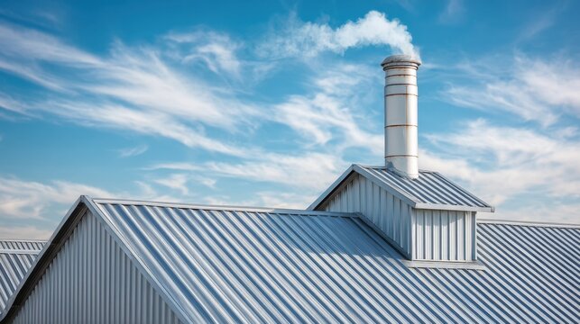 Wide Angle View of Modern Industrial Roof with Smoke Emitting Chimney Under Blue Sky