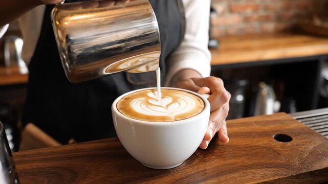 Barista pouring milk into coffee cup creating beautiful latte art