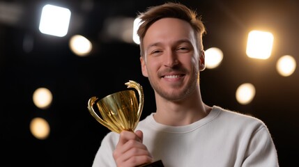 Young man smiling while holding a trophy in studio lights  