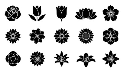 Obraz premium Black flower vector icon set with minimalist floral silhouette shapes