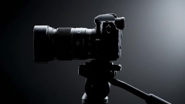 A DSLR camera is mounted on a tripod silhouetted against a dark background