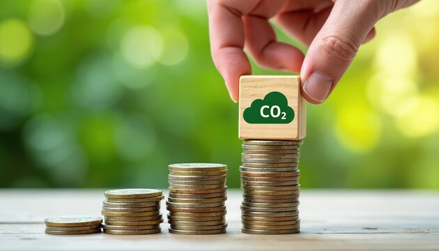 Hand adds wooden block with CO2 symbol on stack of coins. Concept about rising costs carbon emissions and climate change impact on economy and global business.