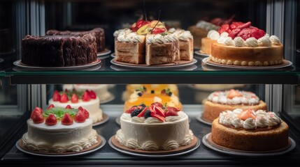 Display Case Filled with Various Cakes Featuring Whipped Cream, Fruits, and Chocolate Decorations
