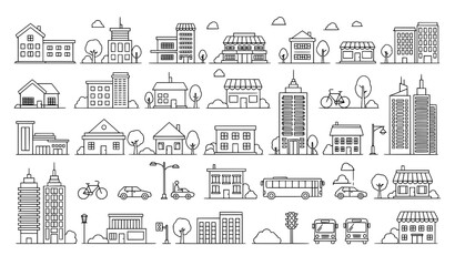 Minimal city landscape line icon set with urban transport elements © SobujChandra