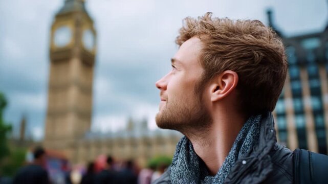 A thoughtful young man gazes upward admiringly with a historic clock tower in the background, illustrating a blend of human emotion and remarkable architecture.