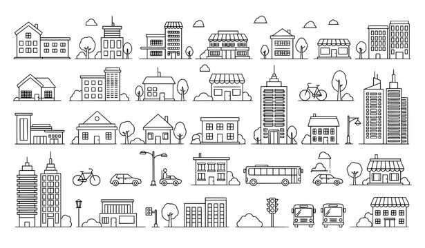 Minimal city landscape line icon set with urban transport elements