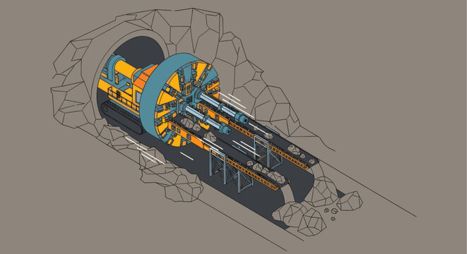 Isometric illustration of a Tunnel Boring Machine at work inside a mine, conveying excavated rock. Ideal for illustrating construction, engineering, or mining concepts.