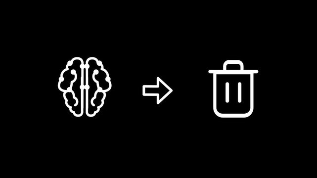 The biological brain icon pointing to a trash bin symbol illustrates the process of forgetting unnecessary information or the clearing of mental clutter through focused meditation