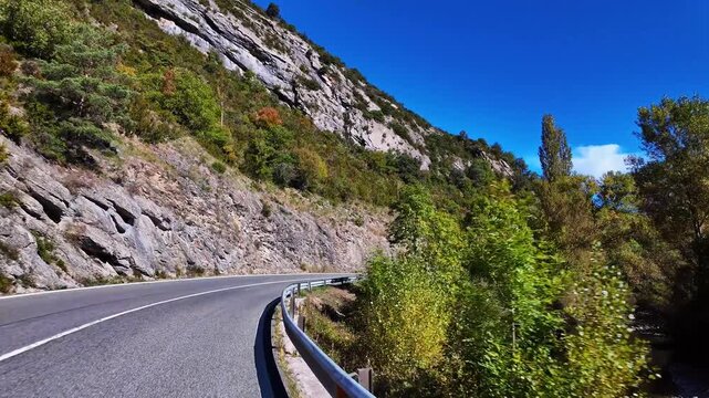 Driving through the Roncal Valley from Sigues to Isaba, Valle de Roncal in Navarre, Navarra Spain, Europe