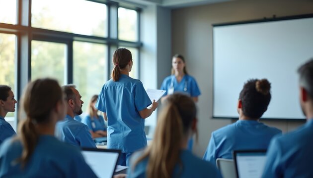 Medical staff attend training session in modern conference room. Professionals listen to presenter, learn new health care techniques, advance skills, discuss patient care.