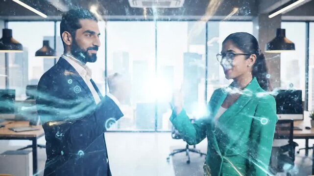 Diverse business professionals shaking hands with futuristic digital connection effect