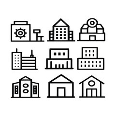 Fototapeta premium Modern Minimalist Building Icon Set with Line Art Architecture.