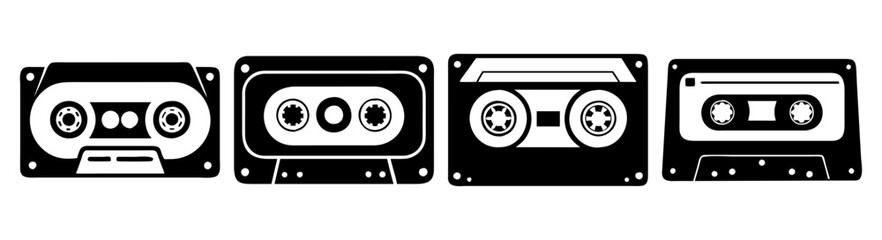 Obraz premium Vintage cassette tapes set isolated on black background retro music collection