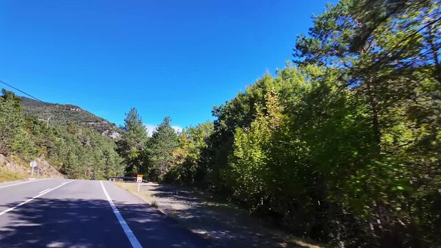 Driving through the Roncal Valley from Sigues to Isaba, Valle de Roncal in Navarre, Navarra Spain, Europe