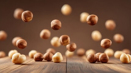 Floating Hazelnuts Over a Wooden Table with Soft Focus Background and Warm Lighting