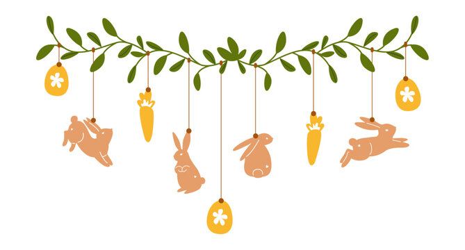 Woody Easter garland with hanging ornaments, bunnies, carrots, eggs. Spring home decor, holiday vector rustic illustration