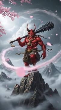 Red Oni Demon Warrior Standing on a Mountain Peak with a Spiked Kanabo Club and Cherry Blossoms in a Mythical Japanese Landscape