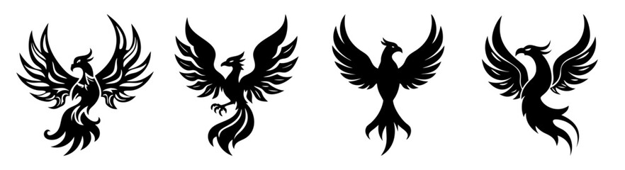 Naklejka premium Four black flying phoenix birds silhouette vector art minimalist design wings spread