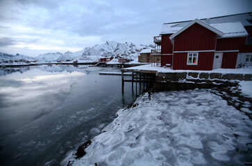 frozen sea at the village of Kabelvag in the Lofoten Islands in winter